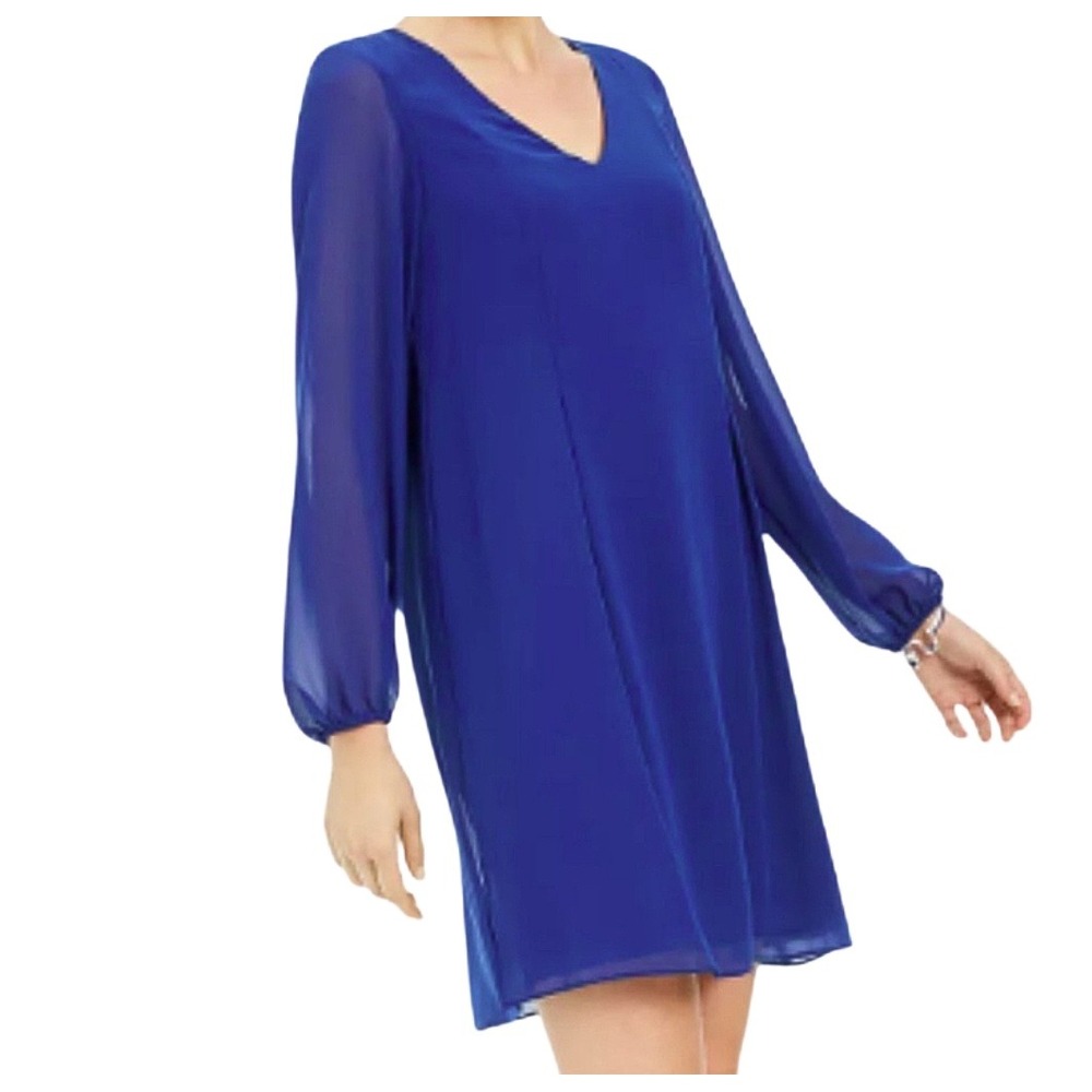 Express Womens Royal Blue V Neck Long Sleeve Sheer Sleeve Tunic Dress‎ Size L